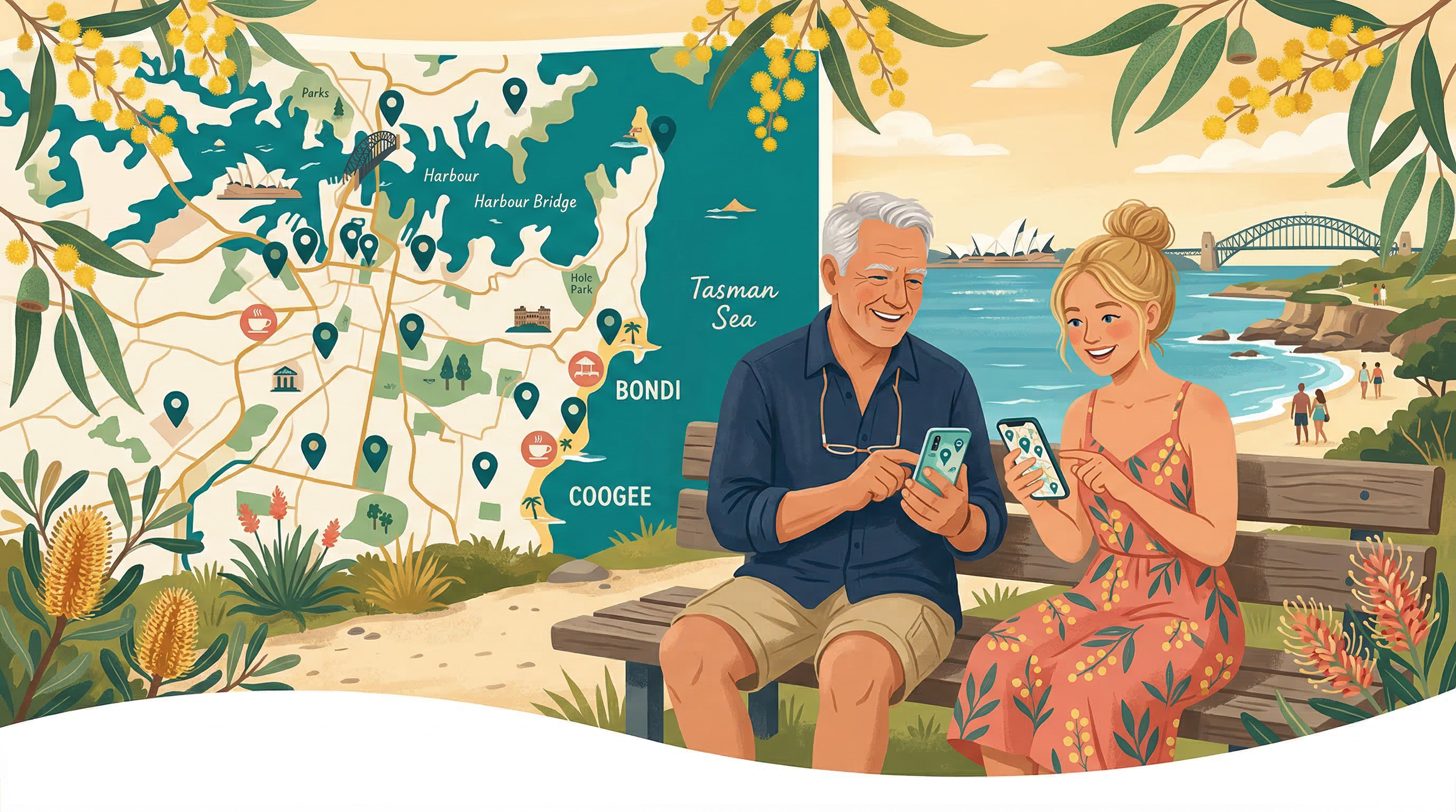 Two Australians using TooTheLoo app near the Sydney Harbour, with a map showing nearby toilet locations